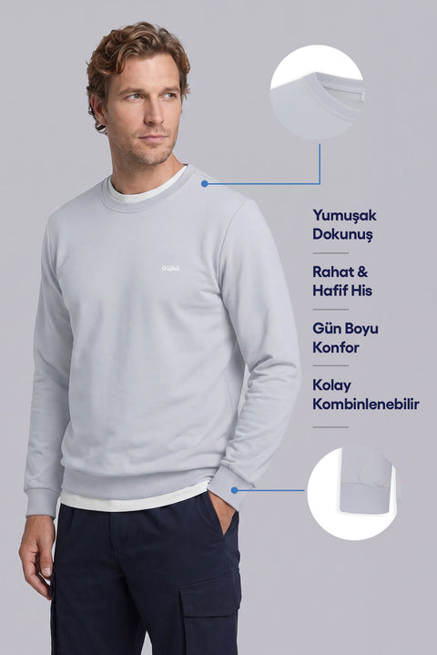 Açık Mavi Bisiklet Yaka Regular Fit Nakışlı Basic İnce Sweatshirt