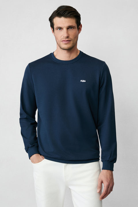İndigo Bisiklet Yaka Regular Fit Nakışlı Basic Sweatshirt