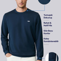 İndigo Bisiklet Yaka Regular Fit Nakışlı Basic İnce Sweatshirt