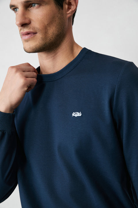 İndigo Bisiklet Yaka Regular Fit Nakışlı Basic İnce Sweatshirt