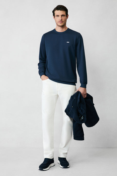 İndigo Bisiklet Yaka Regular Fit Nakışlı Basic Sweatshirt