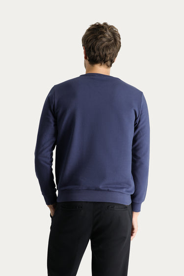 İndigo Bisiklet Yaka Regular Fit Nakışlı Pamuklu Sweatshirt