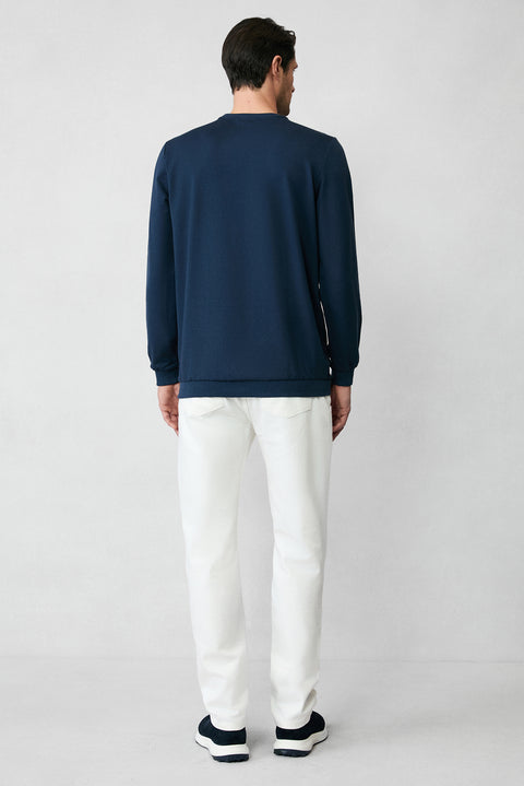 İndigo Bisiklet Yaka Regular Fit Nakışlı Basic Sweatshirt