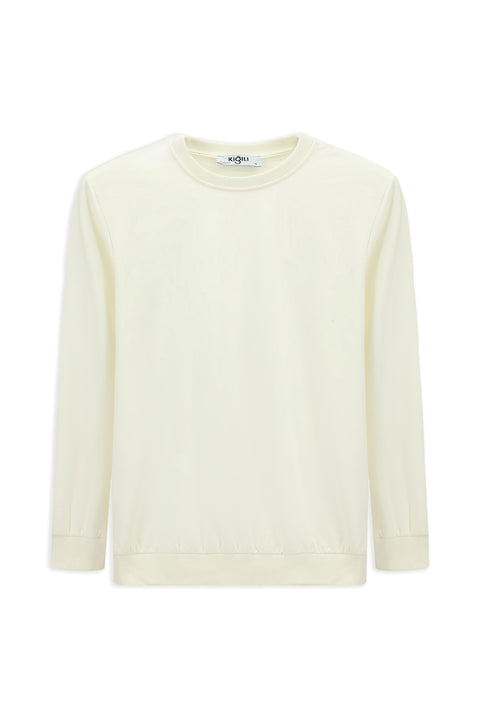 Ecru Crew Neck Regular Fit Embroidered Basic Thin Sweatshirt