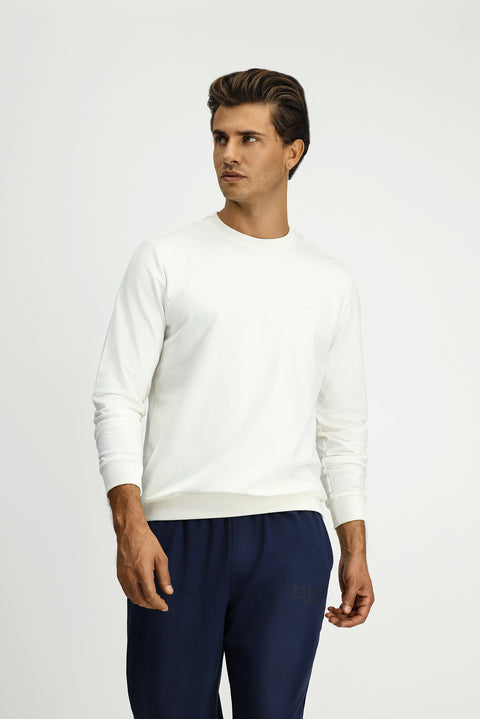Ecru Crew Neck Regular Fit Embroidered Basic Thin Sweatshirt