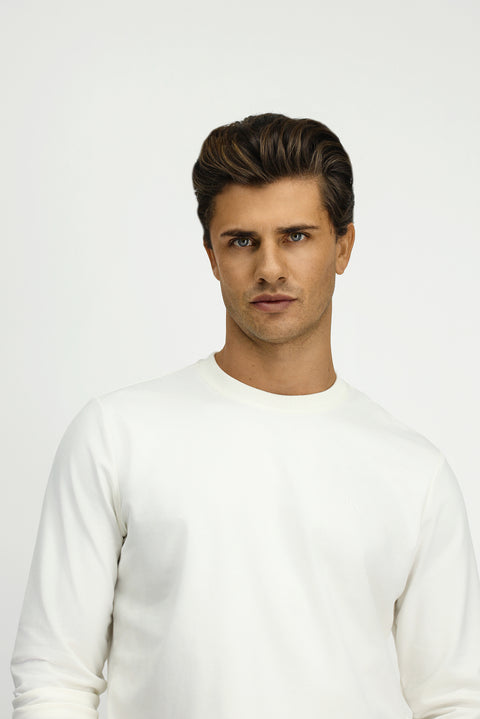 Ecru Crew Neck Regular Fit Embroidered Basic Thin Sweatshirt