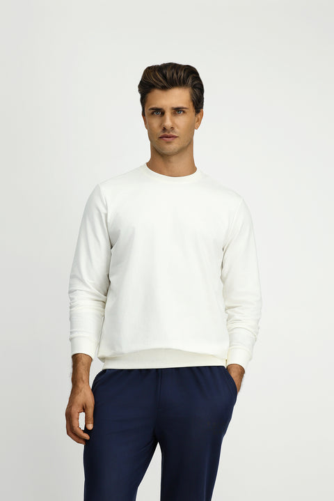 Ecru Crew Neck Regular Fit Embroidered Basic Thin Sweatshirt