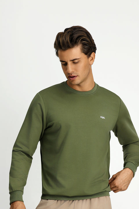 Orta Haki Bisiklet Yaka Regular Fit Nakışlı Basic Sweatshirt