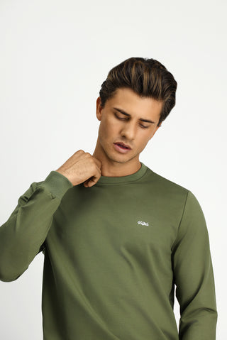  Orta Haki Bisiklet Yaka Regular Fit Nakışlı Pamuklu Sweatshirt