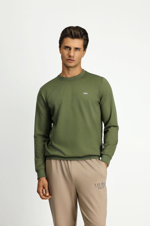 Orta Haki Bisiklet Yaka Regular Fit Nakışlı Basic Sweatshirt