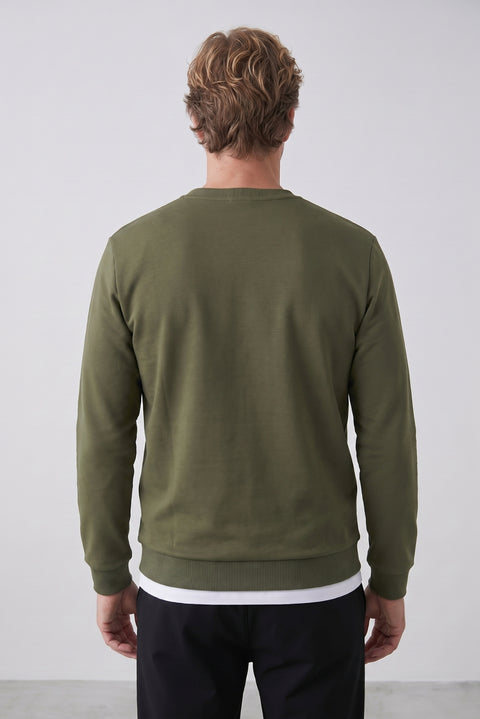 Medium Khaki Crew Neck Regular Fit Embroidered Basic Thin Sweatshirt
