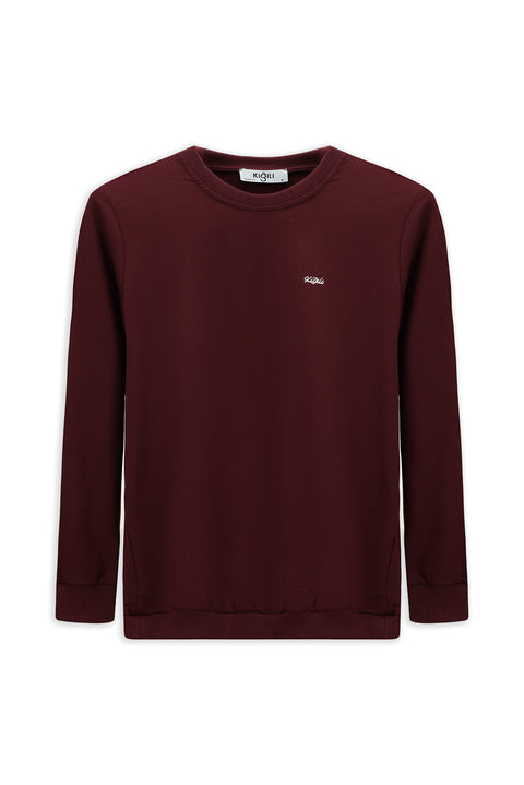 Koyu Bordo Bisiklet Yaka Regular Fit Nakışlı Basic İnce Sweatshirt