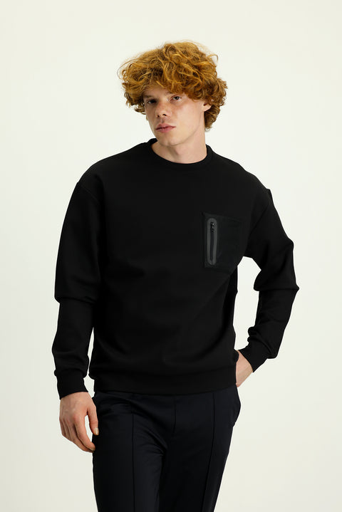 Siyah Bisiklet Yaka Baskılı Oversize Pamuklu Sweatshirt