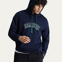 Koyu Lacivert Kapüşonlu Nakışlı Oversize Pamuk Sweatshirt