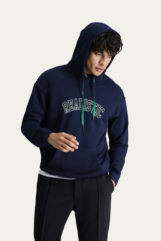  Koyu Lacivert Kapüşonlu Nakışlı Oversize Pamuk Sweatshirt