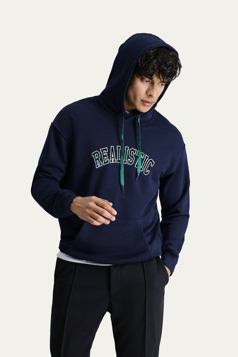 Koyu Lacivert Kapüşonlu Nakışlı Oversize Pamuk Sweatshirt