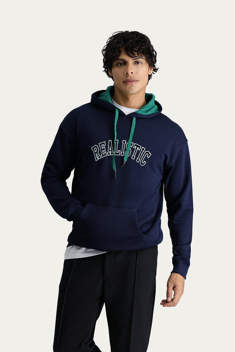 Koyu Lacivert Kapüşonlu Nakışlı Oversize Pamuk Sweatshirt