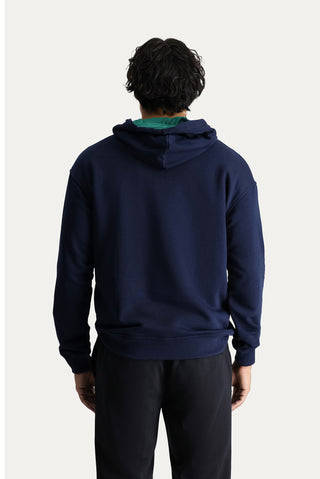  Koyu Lacivert Kapüşonlu Nakışlı Oversize Pamuk Sweatshirt