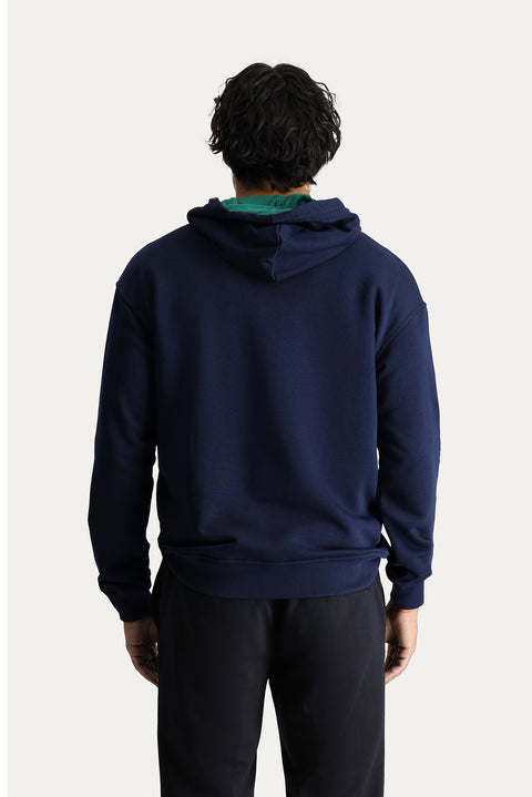 Koyu Lacivert Kapüşonlu Nakışlı Oversize Pamuk Sweatshirt