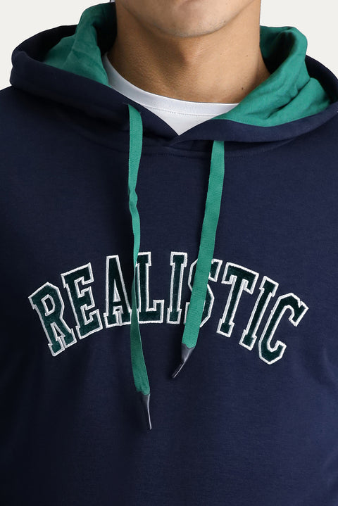 Koyu Lacivert Kapüşonlu Nakışlı Oversize Pamuk Sweatshirt