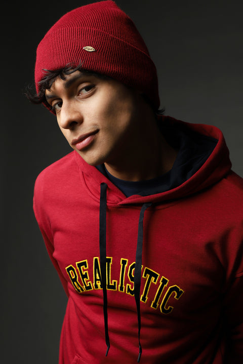 Koyu Kırmızı Kapüşonlu Nakışlı Oversize Pamuk Sweatshirt