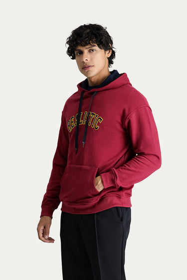 Koyu Kırmızı Kapüşonlu Nakışlı Oversize Pamuk Sweatshirt