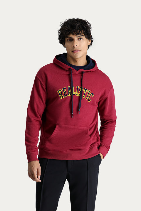 Koyu Kırmızı Kapüşonlu Nakışlı Oversize Pamuk Sweatshirt
