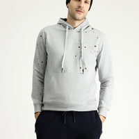 Açık Gri Melanj Slim Fit Dar Kesim Kapüşonlu Baskılı Pamuklu Sweatshirt