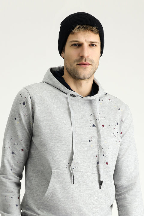 Açık Gri Melanj Slim Fit Dar Kesim Kapüşonlu Baskılı Pamuklu Sweatshirt