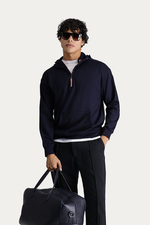 Koyu Lacivert Kapüşonlu Yarım Fermuarlı Oversize Pamuklu Sweatshirt