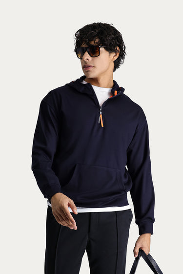 Koyu Lacivert Kapüşonlu Yarım Fermuarlı Oversize Pamuklu Sweatshirt