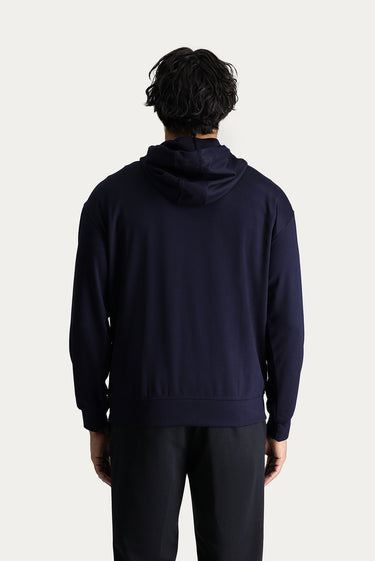 Koyu Lacivert Kapüşonlu Yarım Fermuarlı Oversize Pamuklu Sweatshirt