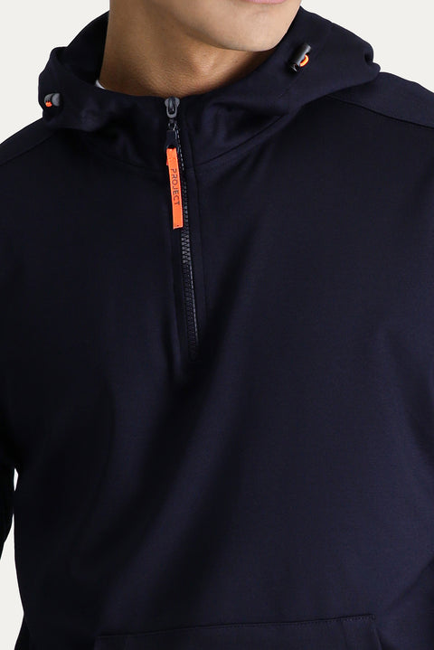 Koyu Lacivert Kapüşonlu Yarım Fermuarlı Oversize Pamuklu Sweatshirt