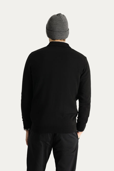 Siyah Polo Yaka Regular Fit Pamuklu Triko Kazak