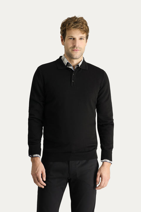 Black Polo Collar Regular Fit Cotton Knit Sweater