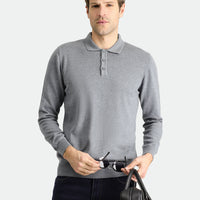 Orta Gri Melanj Polo Yaka Regular Fit Pamuklu Triko Kazak