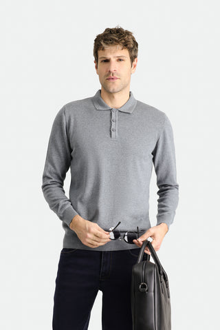  Orta Gri Melanj Polo Yaka Regular Fit Pamuklu Triko Kazak