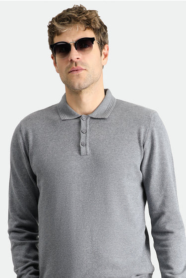 Orta Gri Melanj Polo Yaka Regular Fit Pamuklu Triko Kazak