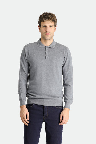 Orta Gri Melanj Polo Yaka Regular Fit Pamuklu Triko Kazak