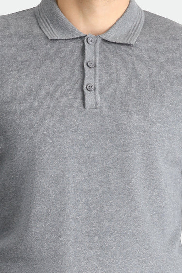 Orta Gri Melanj Polo Yaka Regular Fit Pamuklu Triko Kazak