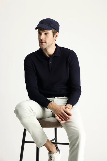 Koyu Lacivert Polo Yaka Regular Fit Pamuklu Triko Kazak