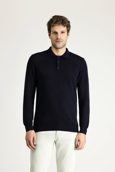 Koyu Lacivert Polo Yaka Regular Fit Pamuklu Triko Kazak