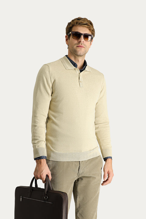 Orta Bej Polo Yaka Regular Fit Pamuklu Triko Kazak