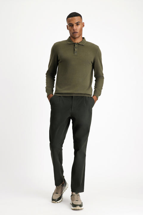 Medium Khaki Polo Collar Regular Fit Cotton Knit Sweater