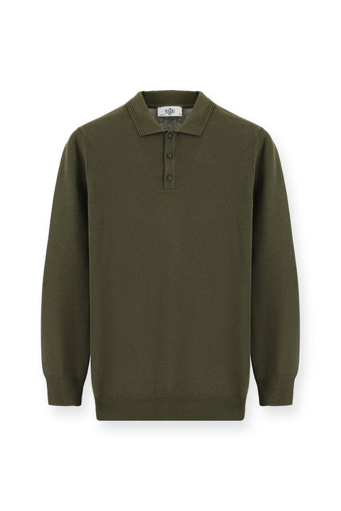 Medium Khaki Polo Collar Regular Fit Cotton Knit Sweater