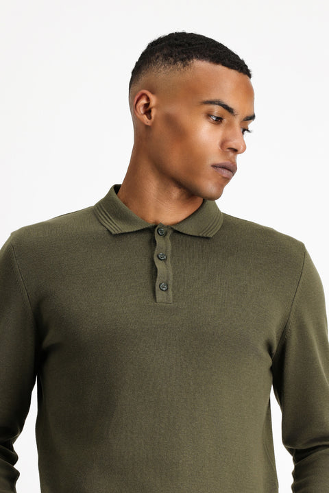 Medium Khaki Polo Collar Regular Fit Cotton Knit Sweater