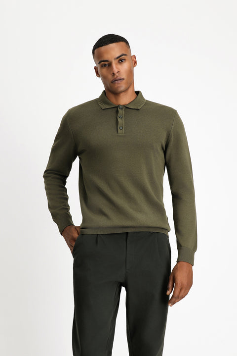 Medium Khaki Polo Collar Regular Fit Cotton Knit Sweater