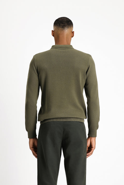 Medium Khaki Polo Collar Regular Fit Cotton Knit Sweater