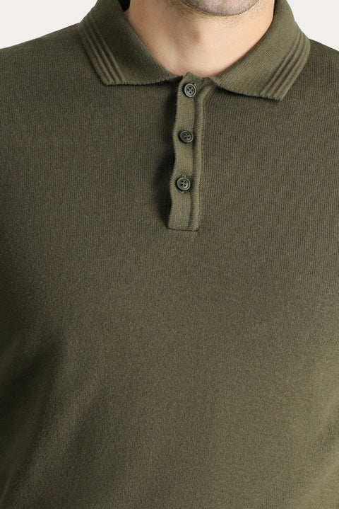 Medium Khaki Polo Collar Regular Fit Cotton Knit Sweater