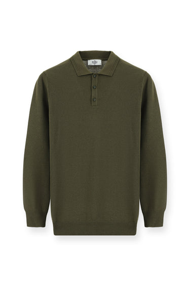 Orta Haki Polo Yaka Regular Fit Pamuklu Triko Kazak